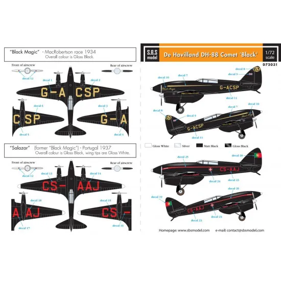 Sbs D72031 1/72 Decal For De Havilland Dh-88 Comet Black Black Magic And Salazar