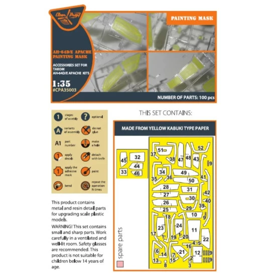 Clear Prop 35003 1/35 Ah 64d E Apache Painting Mask On Yellow Kabuki Paper For Takom Kit