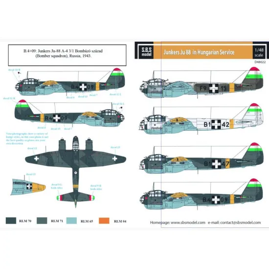Sbs D48022 1/48 Junkers Ju 88 In Hungarian Service Ww Ii Decal Model