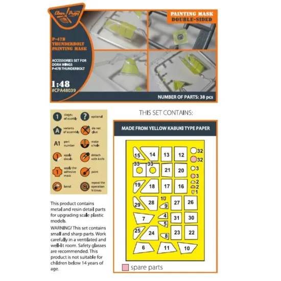 Clear Prop 48039 1/48 P 47b Thunderbolt Double Sided Painting Mask On Yellow Kabuki Paper For Dora Wings Kit