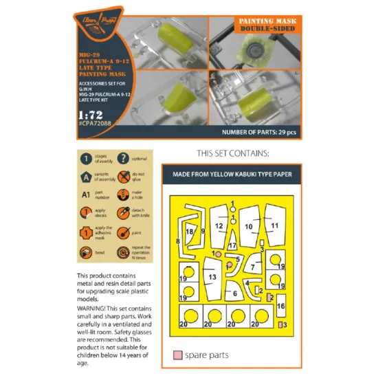 Clear Prop 72088 1/72 Mig 29 Fulcrum A 9 12 Late Type Double Sided Painting Mask On Yellow Kabuki Paper For Gwh Kits