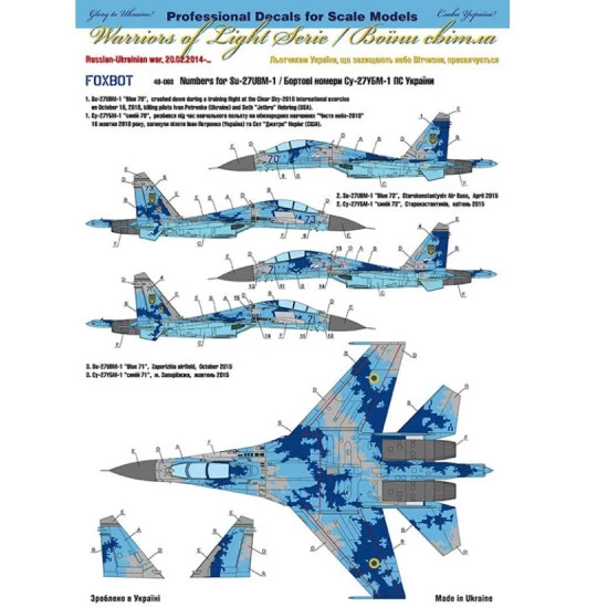 Foxbot 48-067t 1/48 Sukhoi Su27ubm Air Force Of Ukraine Digital Camouflage Stickers With Masks And Additional Numbers