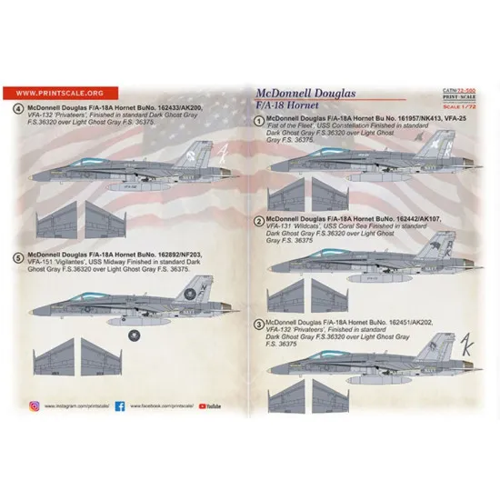 Print Scale 72-500 1/72 Decal For Hornet Fa18a Accessories For Aircraft