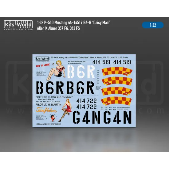 Kits World Kw132002 1/32 Decal For P-51d Mustang Daisy Mae/Temptation