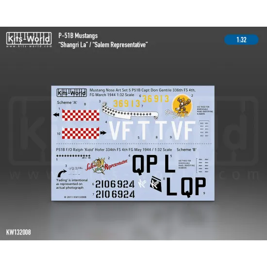 Kits World Kw132008 1/32 Decal For P-51b Mustang Shangri La Salem Representative