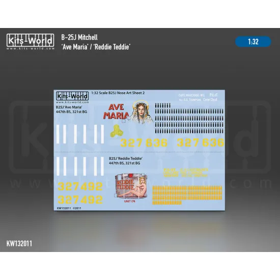 Kits World Kw132011 1/32 Decal For B-25j Mitchell Ava Maria Reddie Teddie