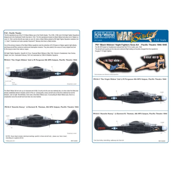 Kits World Kw132020 1/32 Decal For Northrop P-61a The Virgin Widow Husslin Hussy