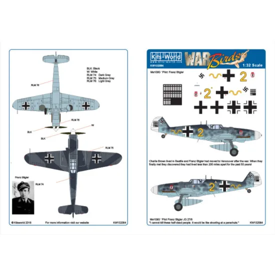 Kits World Kw132084 1/32 Messerschmitt Me109g-6 Jg/27/6 Pilot Franz Stigler