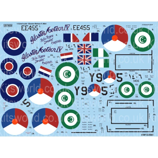 Kits World Kw132086 1/32 Decal For Gloster Meteor Mk.iv F4
