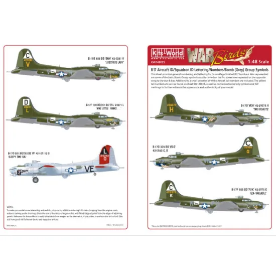 Kits World Kw148025 1/48 Decal For Boeing B-17 F/G Flying Fortress