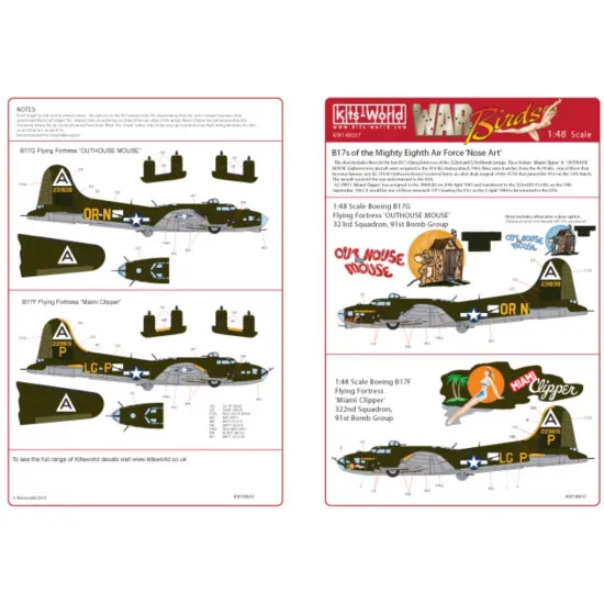 Kits World Kw148037 1/48 Decal For Boeing B-17 F/G Flying Fortress
