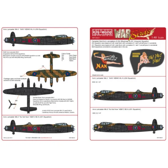 Kits World Kw148041 1/48 Decal Avro Lancaster Bomber 434 Squadron Nan Kb840 Wl-n