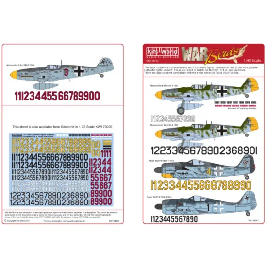 Kits World Kw148042 1/48 Decal For Luftwaffe Fighter Numbers Me109f G And K