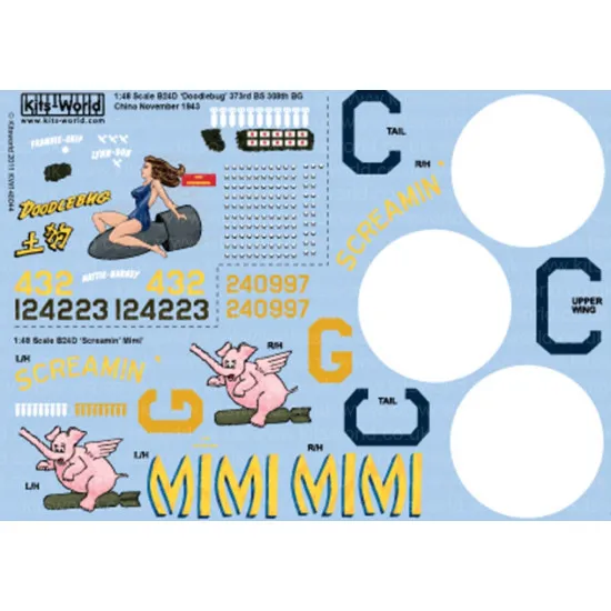 Kits World Kw148044 1/48 Decal For Boeing B-24d Liberator Screamin Mimi