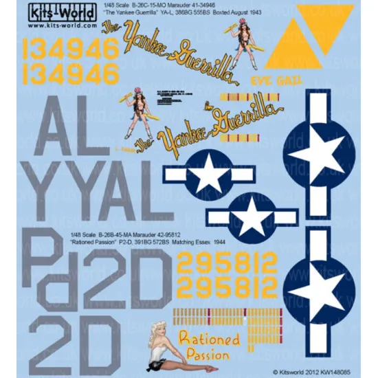Kits World Kw148085 1/48 Decal For B-26c Marauders 41-34946 The Yankee Guerrilla