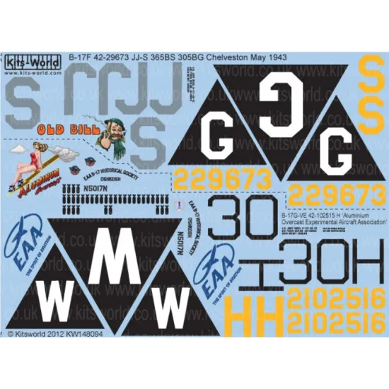 Kits World Kw148094 1/48 Decal For Boeing B-17f/G Flying Fortress