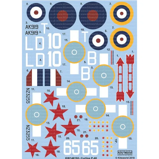 Kits World Kw148192 1/48 Decal Curtiss P-40 Accessories For Aircraft