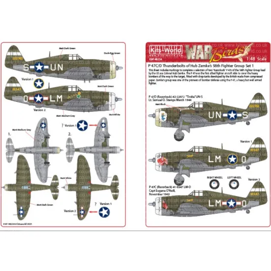 Kits World Kw148224 1/48 Decal For P-47c/D Thunderbolts Accessories For Aircraft