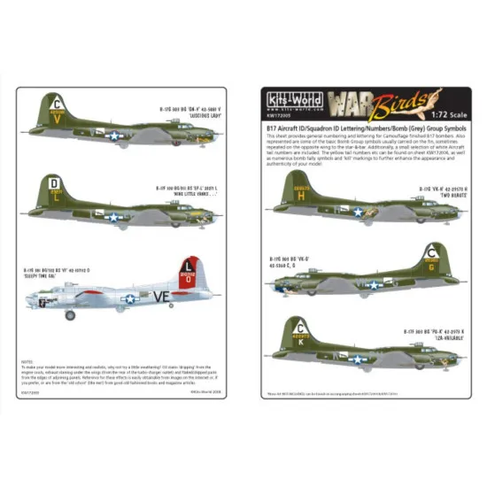 Kits World Kw172005 1/72 Decal For B17 F/G Flying Fortress Group Symbols Numbers