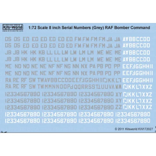 Kits World Kw172027 1/72 Decal 8 Inch Raf Serial Numbers Sea Grey/White