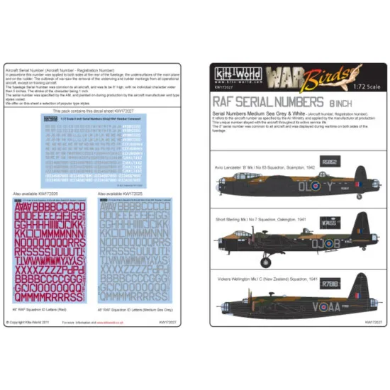 Kits World Kw172027 1/72 Decal 8 Inch Raf Serial Numbers Sea Grey/White