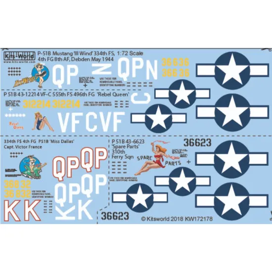 Kits World Kw172178 1/72 Decal For P-51b P-51d North American Mustangs