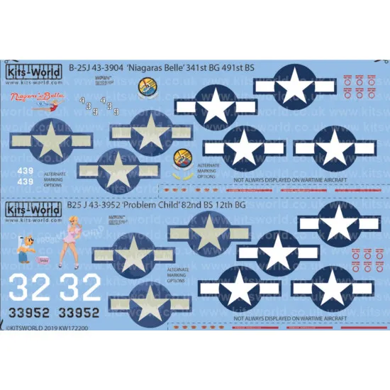 Kits World Kw172200 1/72 Decal For North American B-25j Mitchell Niagaras Belle