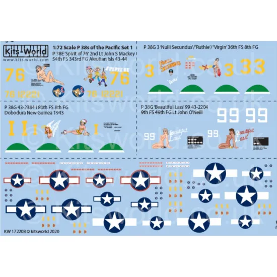 Kits World Kw172208 1/72 Decal P-38 Lightnings Of The Pacific Late War Set Two
