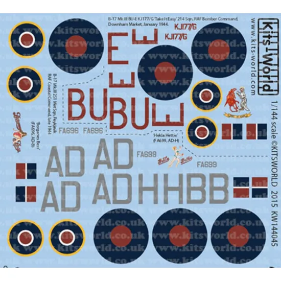 Kits World Kw144045 1/144 Decal For Boeing B-17s Mkiiis 214 251 Squadrons