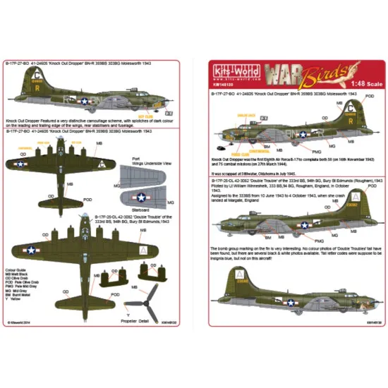 Kits World Kw148130 1/48 Decal For Boeing B-17f Flying Fortress