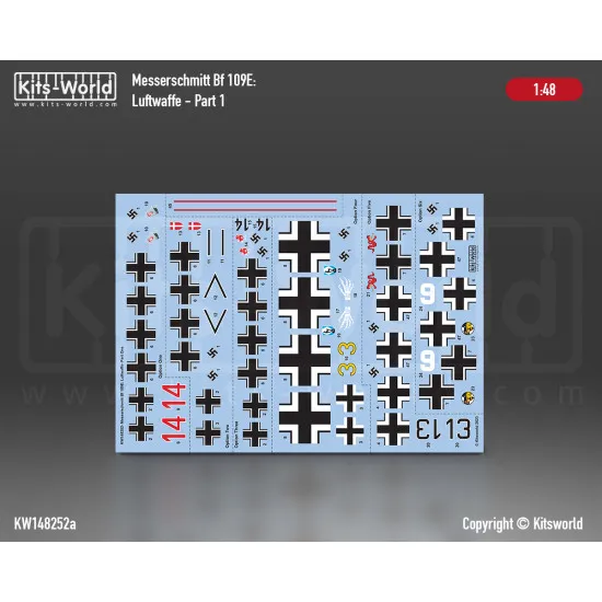Kits World Kw148252 1/48 Decal For Messerschmitt Bf109e 1 3 4 7 Luftwaffe Part 1