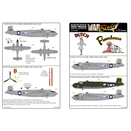 Kits World Kw172088 1/72 Decal For B-25 Mitchell B-25h-5 43-4573