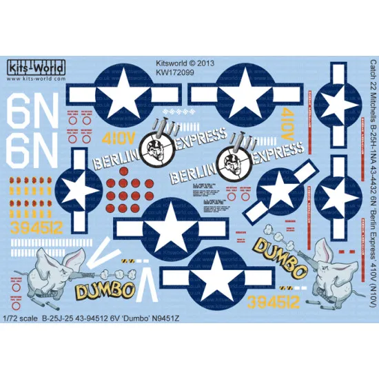 Kits World Kw172099 1/72 Decal For B-25j Mitchells Catch 22 B-25h-1na