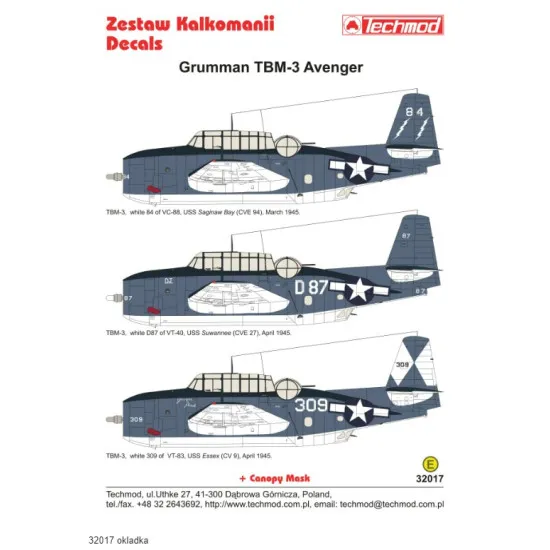 Techmod 32017 1/32 Decal For Avenger Tbm-3 Accessories Kit