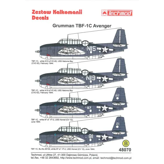 Techmod 48070 1/48 Decal For Avenger Tbf/M-1c Accessories For Aircraft