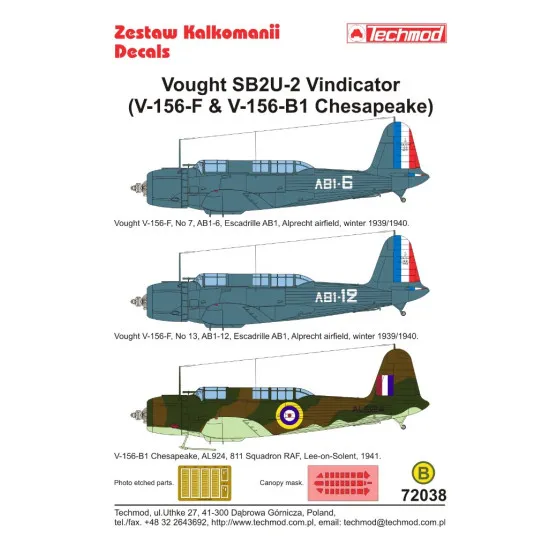 Techmod 72038 1/72 Decal For Vindicator Sb2-u Accessories For Aircraft