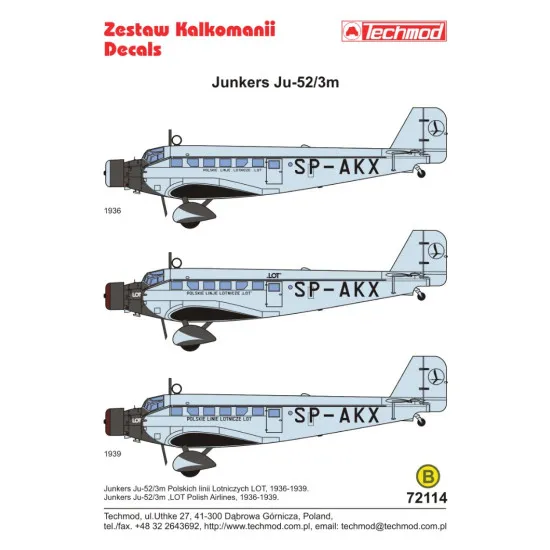 Techmod 72114 1/72 Decal For Junkers Ju-52 Pll Lot Accessories For Aircraft