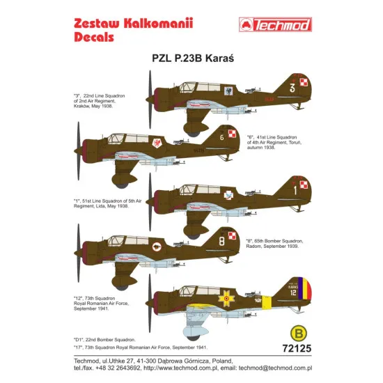Techmod 72125 1/72 Decal For Pzl-23b Karas Accessories For Aircraft