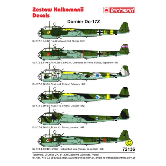 Techmod 72136 1/72 Decal For Dornier Do-17z Accessories For Aircraft