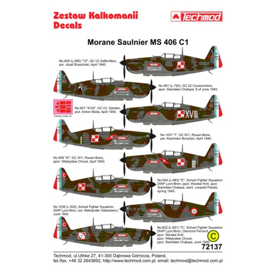 Techmod 72137 1/72 Decal For Morane Saulnier Ms 406c1 Accessories For Aircraft