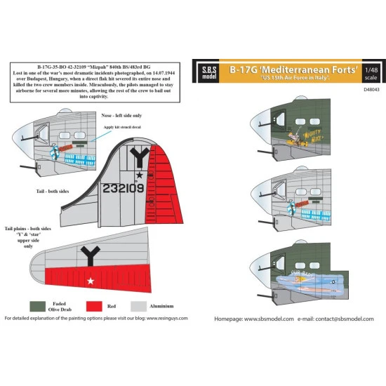 Sbs D72043 1/72 Decal For B-17g Mediterranean Forts Us 15th Air Force In Italy