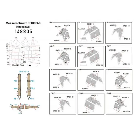 Hgw 148805 1/48 Seatbelts And Mask Messerschmitt Bf 109g-6 Basic Line Hasegawa