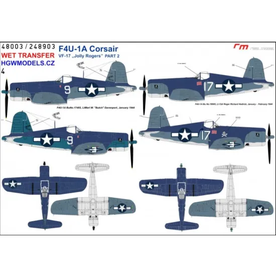 Hgw 248903 1/48 Decal For F4u-1a Corsair Vf-17 Jolly Rogers Part 2 Wet Transfer