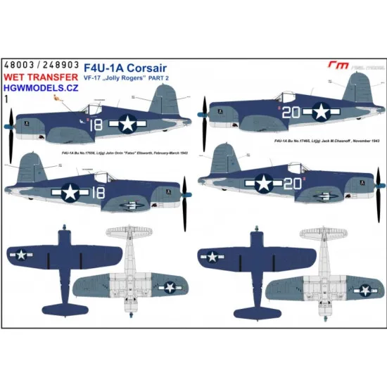 Hgw 248903 1/48 Decal For F4u-1a Corsair Vf-17 Jolly Rogers Part 2 Wet Transfer