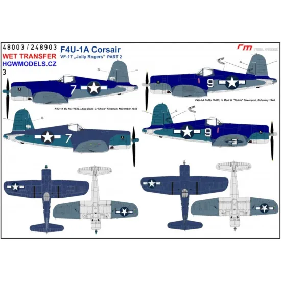 Hgw 248903 1/48 Decal For F4u-1a Corsair Vf-17 Jolly Rogers Part 2 Wet Transfer