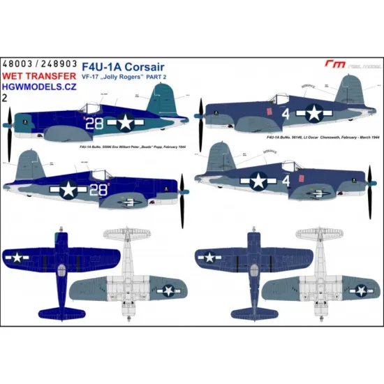 Hgw 248903 1/48 Decal For F4u-1a Corsair Vf-17 Jolly Rogers Part 2 Wet Transfer