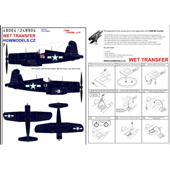 Hgw 248904 1/48 Decal For F4u-1d Corsair F4u-4 Ww.ii Wet Transfer
