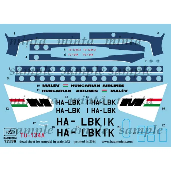 Had Models 72136 1/72 Decal For Tu-134a Malev Accessories Kit