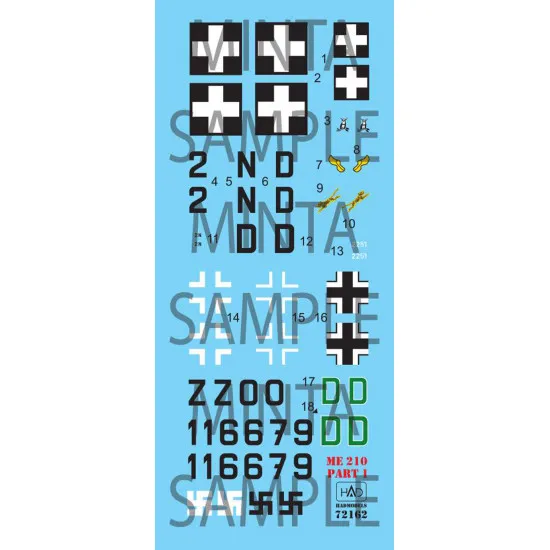 Had Models 72162 1/72 Decal For Me 210 Part 1 Accessories Kit