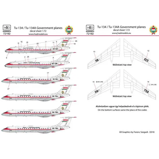 Had Models 72192 1/72 Decal For Tu-134 A Kormanygep / Government